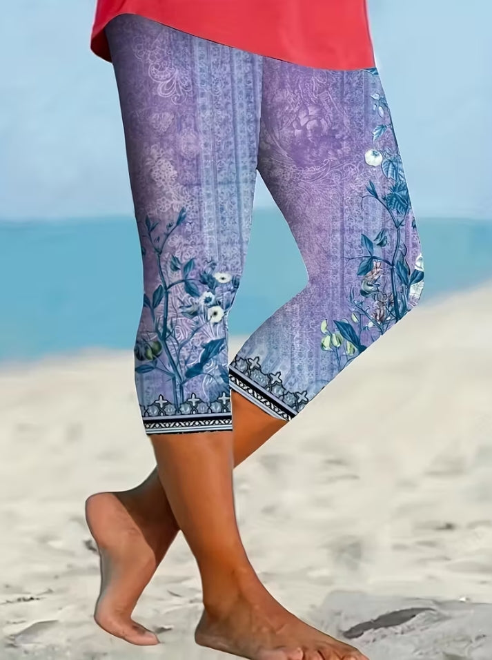 花朵七分裤紧身裤